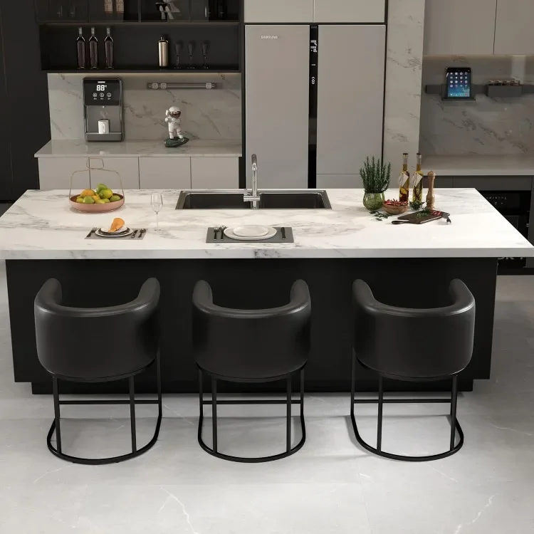 Modern Barrel Counter Height Clearance Bar Stools Set of 4, 24 Inch Kitchen Black Bar Stools with Back, PU Leather Barstools