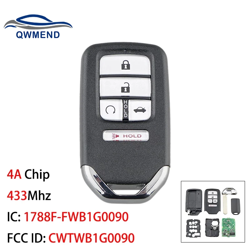 QWMEND CWTWB1G0090 Car Remote Key 4A Chip 433Mhz For Honda Accord 2018 2019 Smart Car Key 1788F-FWB1G0090 5 Buttons