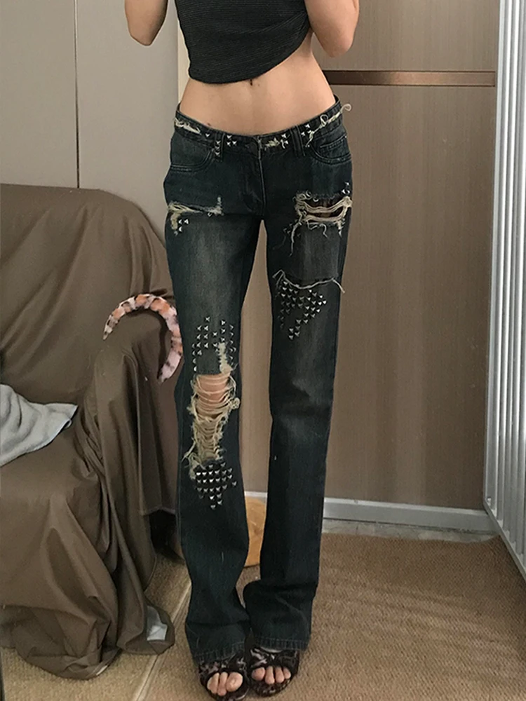 Retro American Lace Splicing Rivet Jeans Women's Spicy Old Design Sense Hole Dragging Pants Natural Waist Fit Jeans