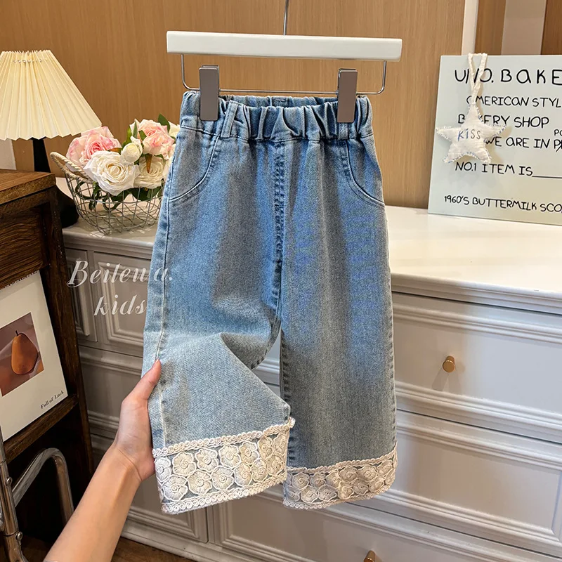 

Girls’ New Autumn Korean Jeans - Little Girls’ Fashion Foreign Lace Straight Pants, Comfortable Casual Trousers for Autumn Daily