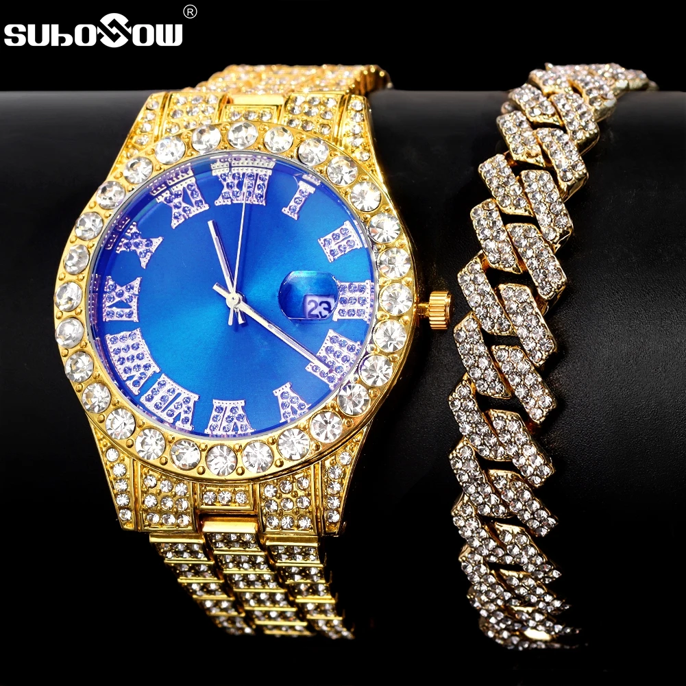 

Hip Hop Brand Iced Out Diamond Watch With Bracelet Quartz Gold Silver Color AAAA+ Crystal Watches for Men Women Clock relogio