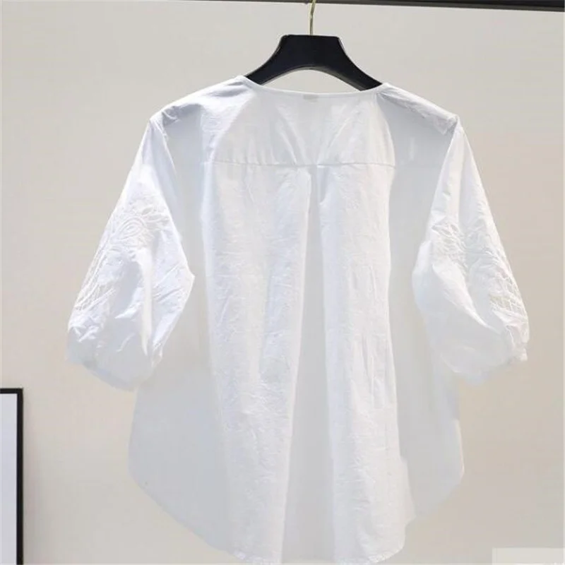 100% Cotton Embroidered Blouses Women Shirt Mid-sleeve Hollow Summer Top O-neck Loose Casual Button Up White Female Shirt