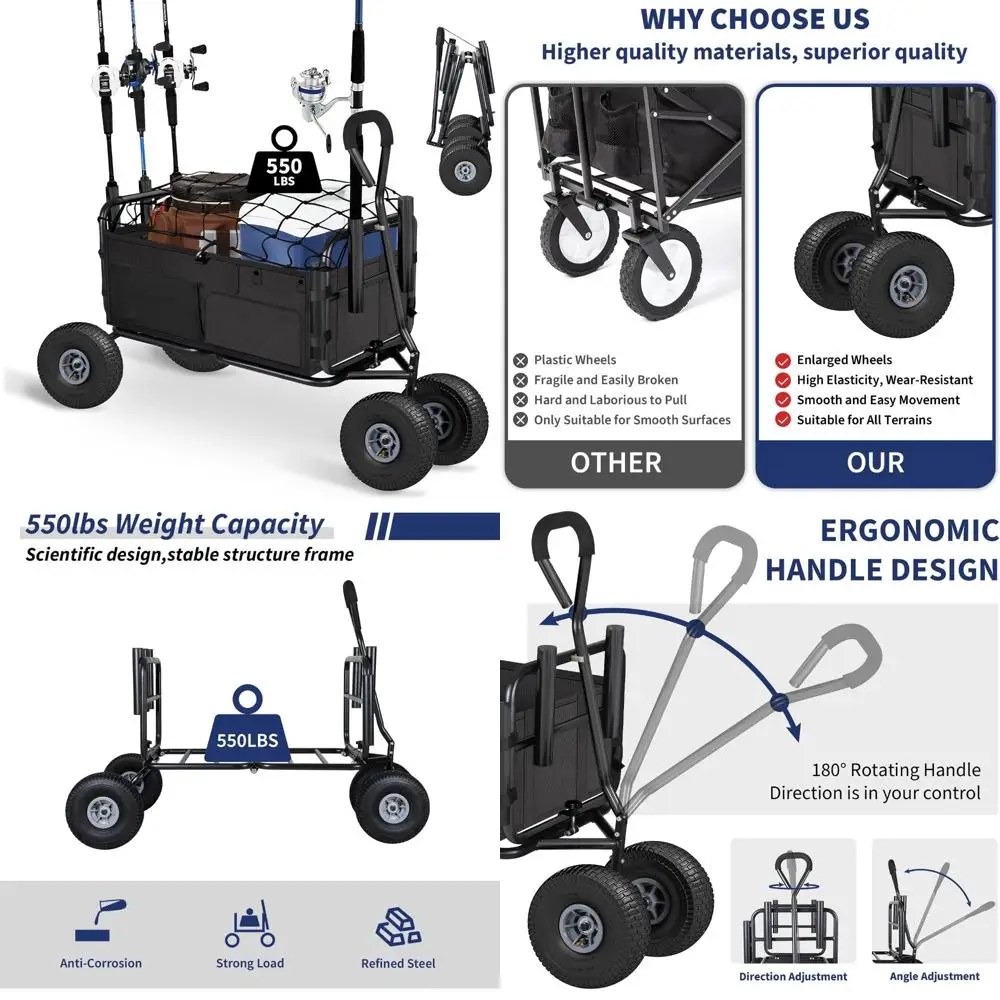 عربة شاطئ قابلة للطي لجميع التضاريس مع عجلات مقاس 11 بوصة للرمل، عربة حديقة شديدة التحمل مع حامل صنارة الصيد، مثالية للخارج