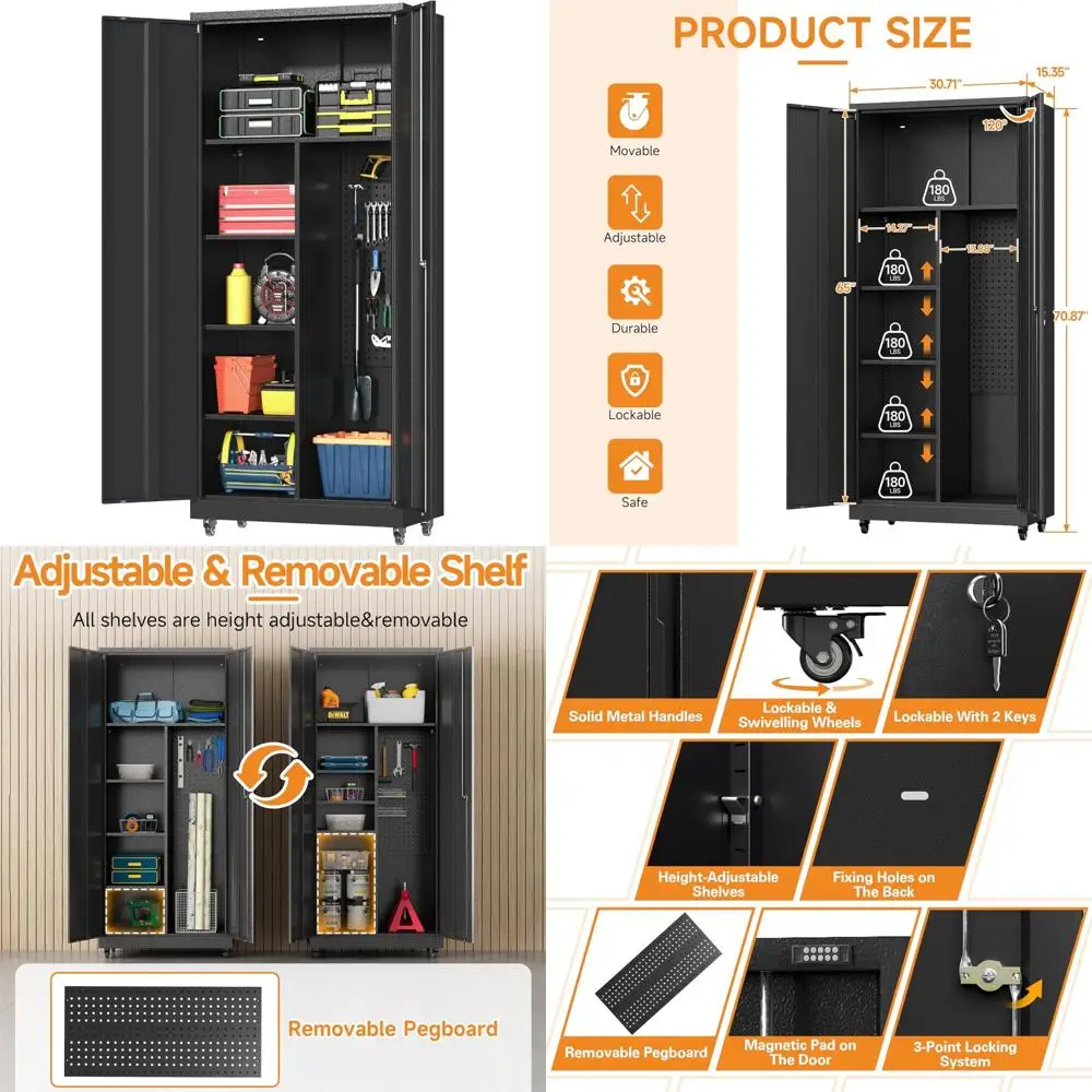 二重扉のスチール製工具収納キャビネット（調節可能な棚と施錠機能付き）