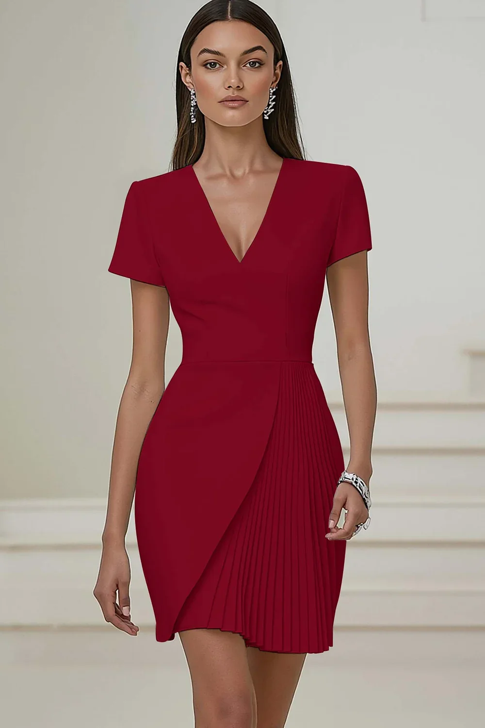 Customized V-neck Above Knee Short Sleeves Pleat White Vestidos Para Bodas Mujer Invitada Evening Dresses فساتين السهرة שמלות