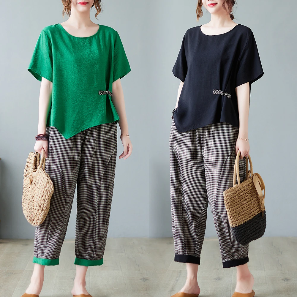 

High-End Women's Fashion Spring Summer 2026 Wide Leg Pants Top Set Two-Piece Suit Artistic Commute Style Short Sleeve
