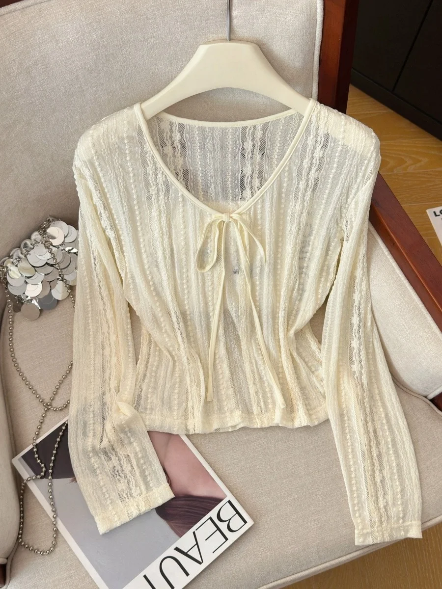 Girls Style Knitted Ice Silk Open Cardigan with Belt Summer Outerwear Long Sleeve V-Neck Breathable Air Conditioning Top