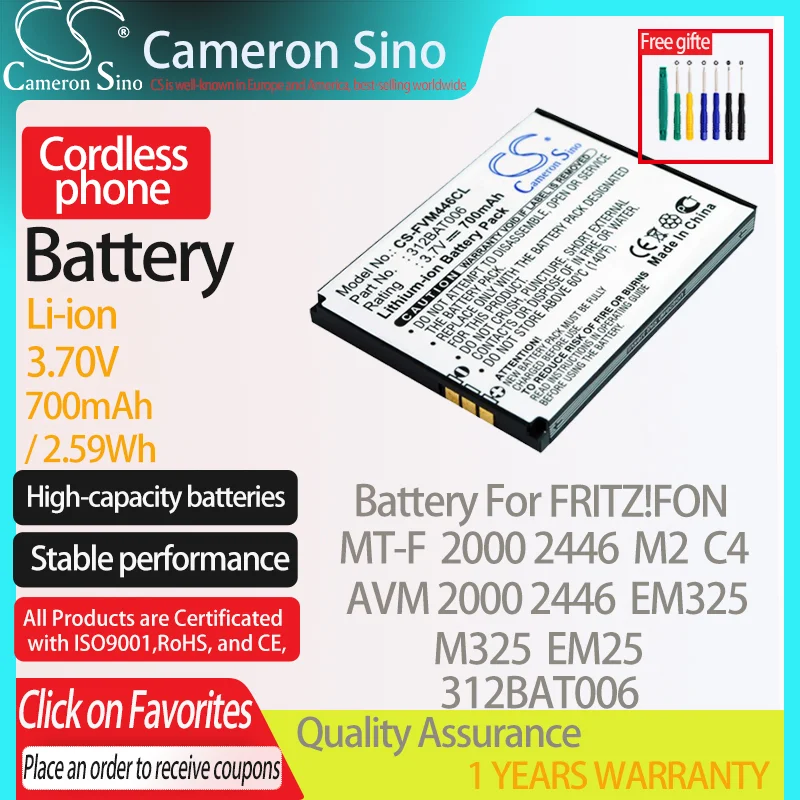 CameronSino Battery for FRITZ!FON MT-F 2000 2446 AVM 2000 2446 C4 M2 EM325 M325 fits FRITZ!FON 312BAT006 Cordless phone Battery