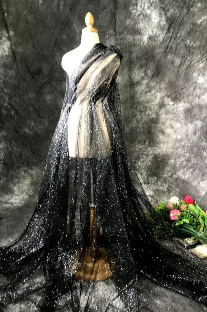 1 yards Silver glitter lace fabric Shiny Black soft tulle Fabric For for wedding dress prom dresses veil lace 59