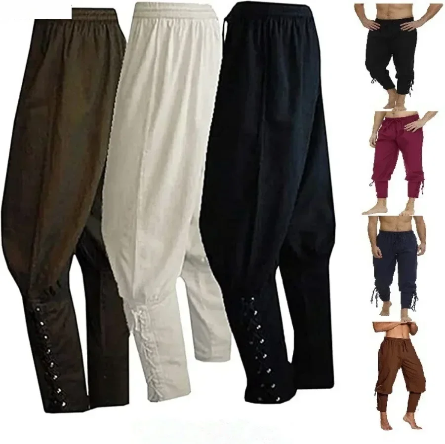 

Новые мужские свободные брюки в средневековом стиле: пират, всадник, викинг, навигатор. Черные, коричневые, с повязками на ногах.