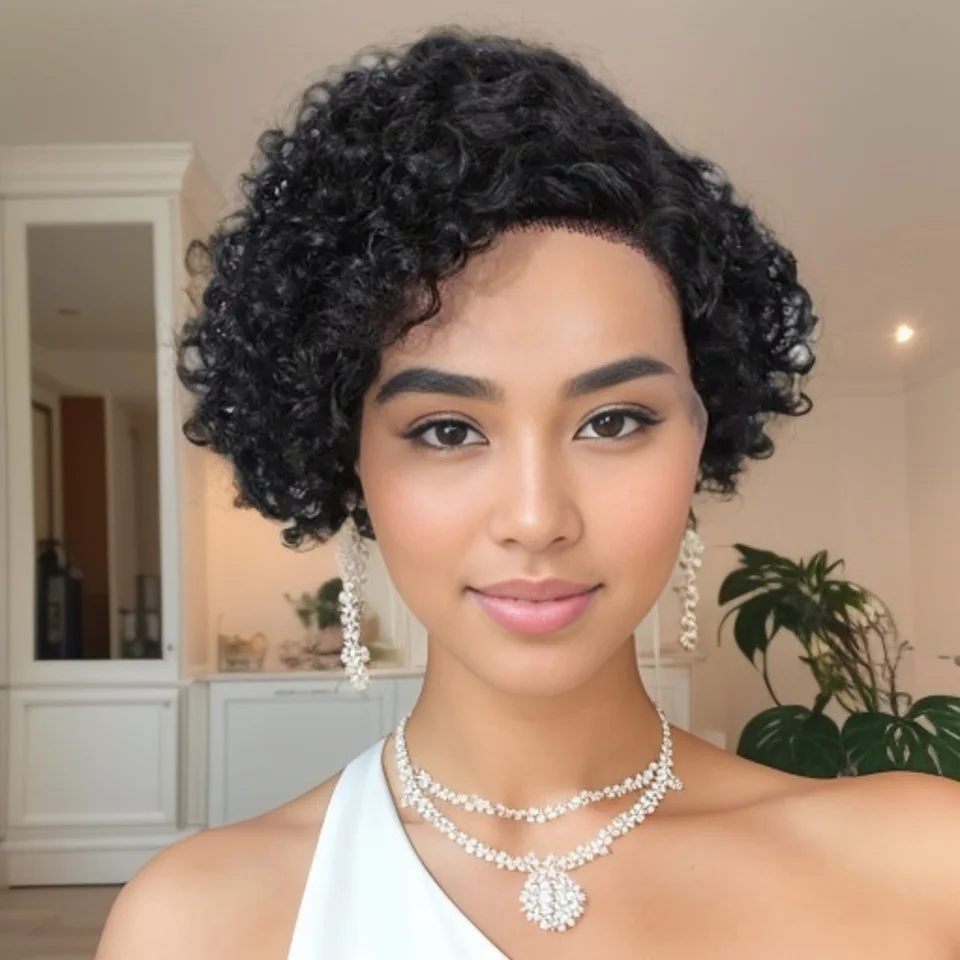 6인치 짧은 곱슬머리 인모 가발 플러킹된 13x4x1 레이스 프론트 가발 여성용