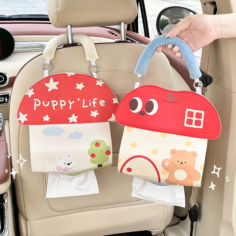 Cute Cartoon Leather Car Tissue Holder Mushroom Star Pattern Seat Back Hanging Paper Box Car Decor