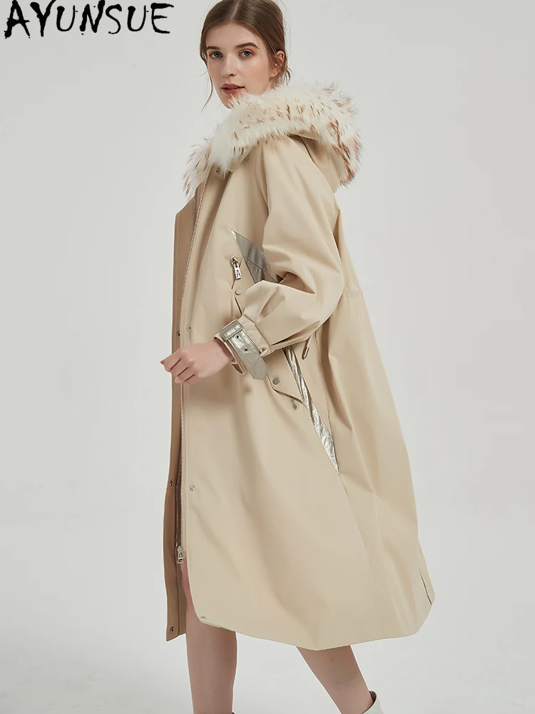 سترة نسائية من فراء الأرانب من AYUNSUE ريكس لعام 2025 معاطف من الفرو الحقيقي ملابس شتوية للسيدات بياقة من فرو الراكون وبطانة من فراء الراكون قابلة للفصل