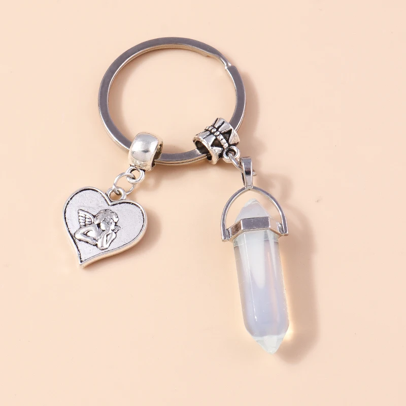 Natürliche sechseckige Säule Stein Schlüsselanhänger Frauen Männer Quarz Opal Kristall Schlüsselanhänger Auge Fatima Hand Sonne Mond Schmuck Party Geschenke – Detail 19
