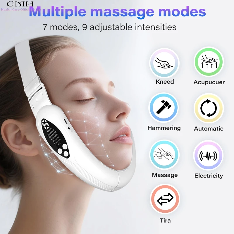 جهاز تجميل الوجه على شكل حرف V 7 أوضاع تدليك الوجه متعدد العلاج بالضوء ورقة موصلة محمولة لتجديد شباب البشرة وشد الوجه والتخسيس