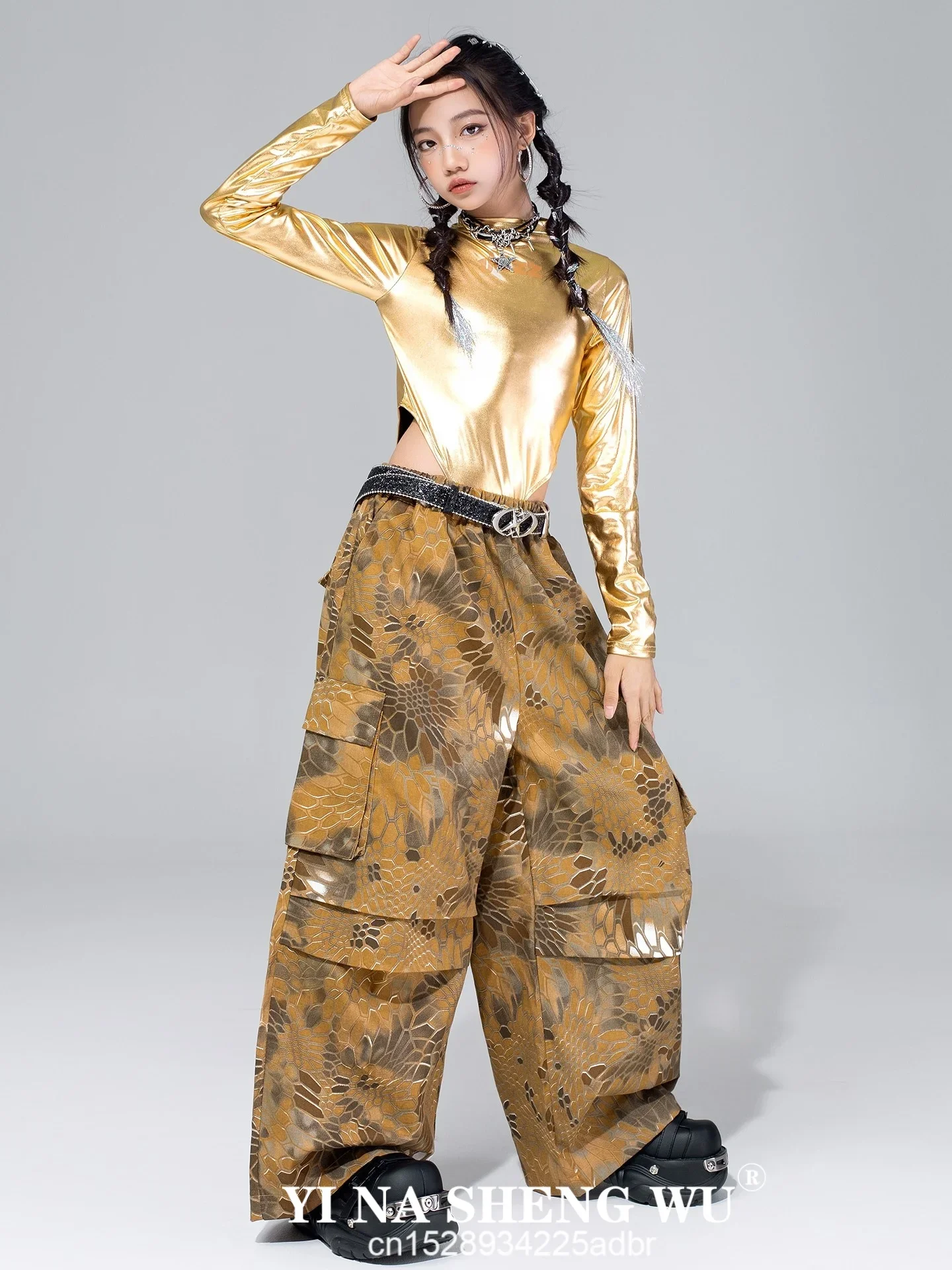 Nuevos Trajes de Baile Jazz Kpop para Niñas, Tops Dorados, Pantalones Cargo, Manga Larga, Traje de Actuación, Ropa de Competición Hip Hop para Niños