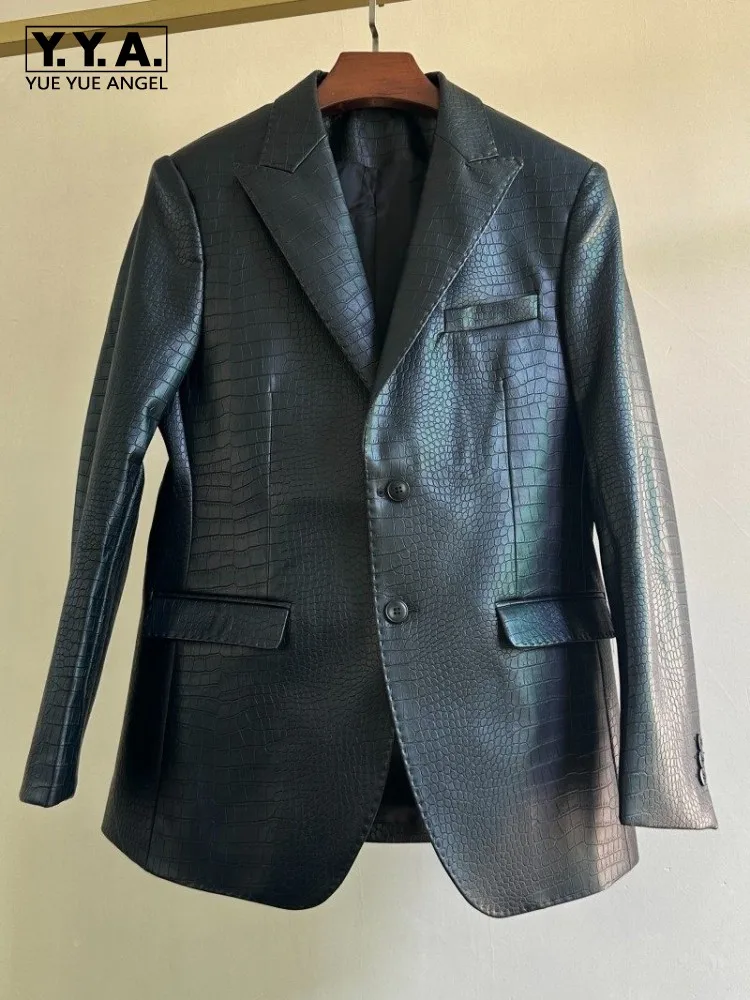 

Vintage Pu Leather Suit Jacket Male Slim Fit Casual Business Single Breasted Spring Office Men Work Black Faux Leather Bazers
