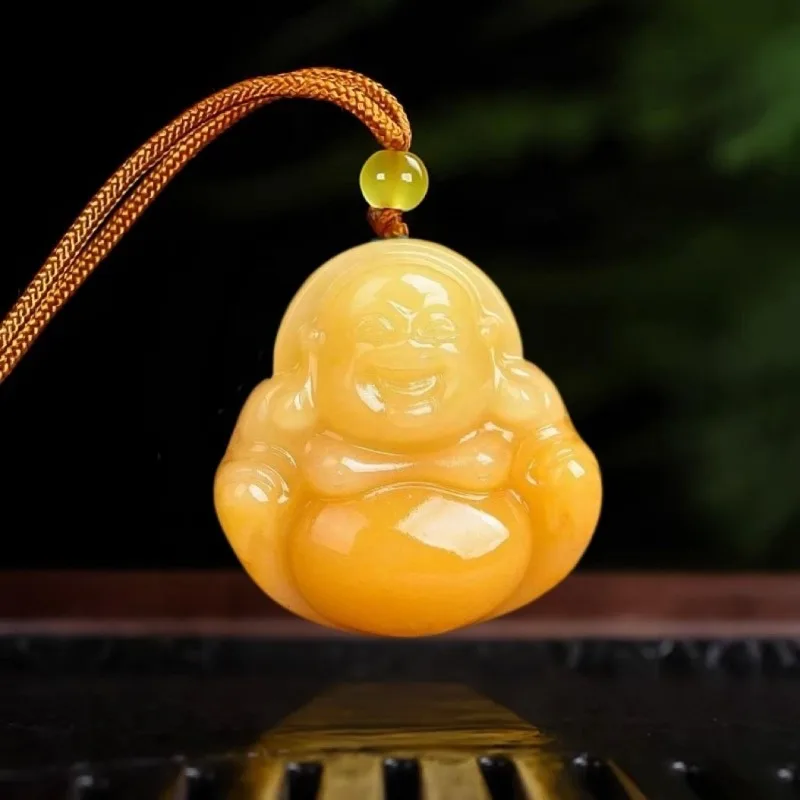 

Natural Yellow Emerald Jade Maitreya Buddha Pendant Necklace Real Carved Charm Jewelry Fashion Amulet Gift Women Men Chain