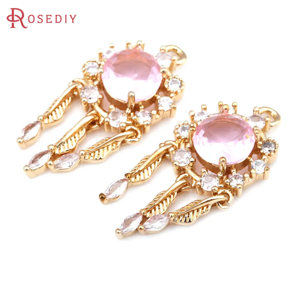 4PCS 18K Gold Color Brass and Zircon Feather Round Charms Pendants High Quality Diy Jewelry Making Necklace Earrings Accessories