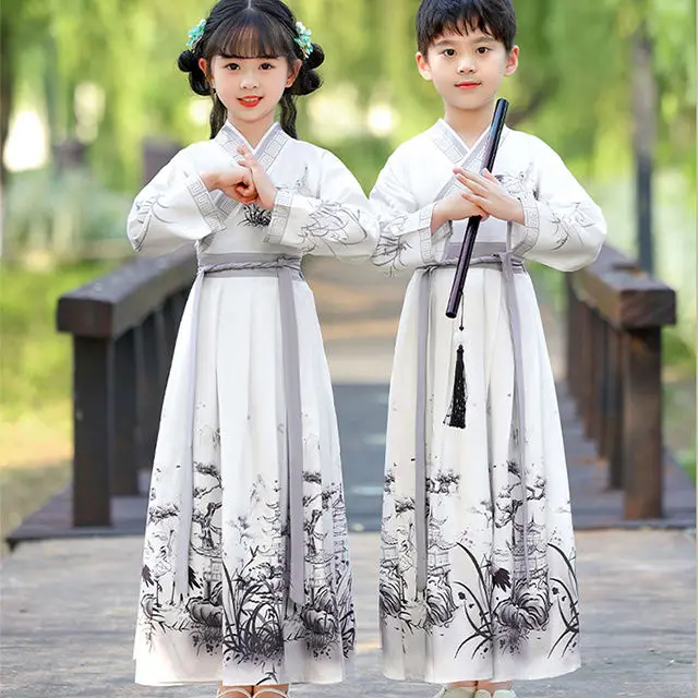

Kids Hanfu Set - Chinese Traditional Boy/Girl Scholar Costume for Kindergarten School Performance Dress for Confucian Ceremony