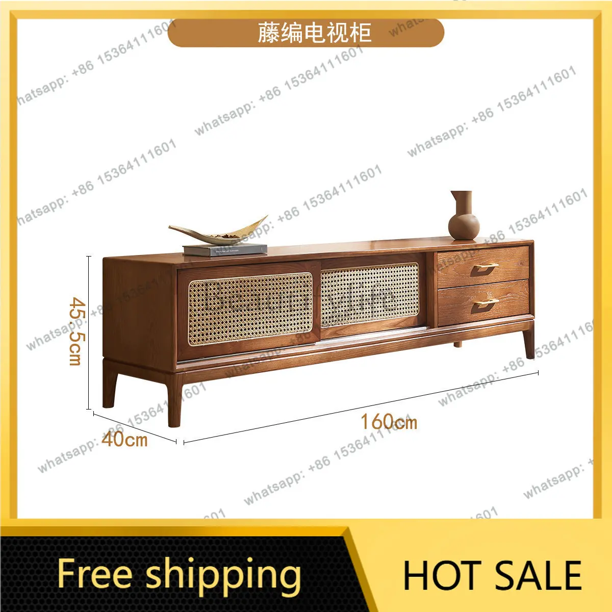 LD Solid Wood Rattan TV Cabinet, Japanese Living Room Small Apartment Rattan Storage Cabinet