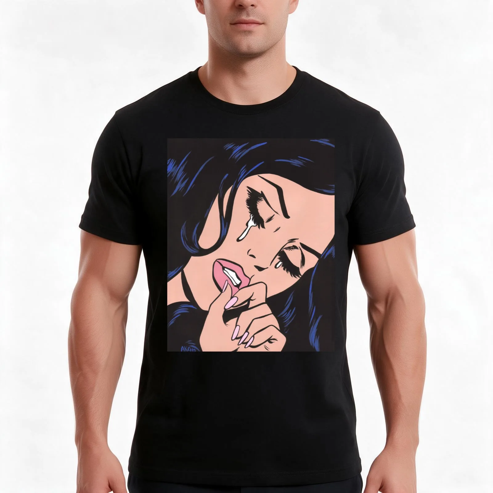 Black Hair Crying Comic Girl T-Shirt, Summer Casual Cotton Tee, Oversized Streetwear Tops, Vintage Graphic Print, 100% Cotton