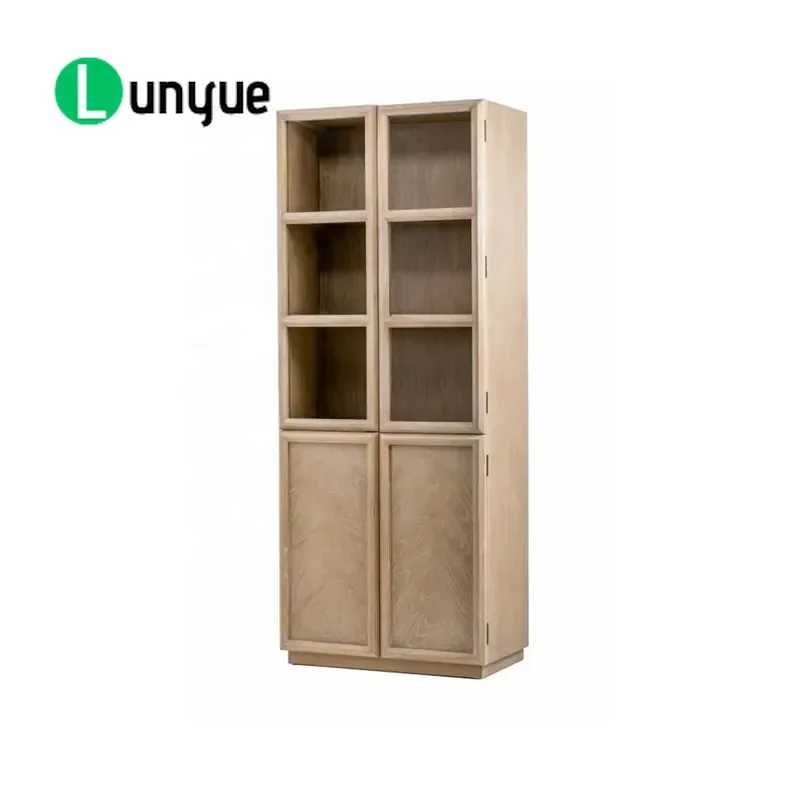 Solid Wood Bookcase with Tempered Glass Door High Farmhouse Library Shelf for Home Office Storage Display Furniture