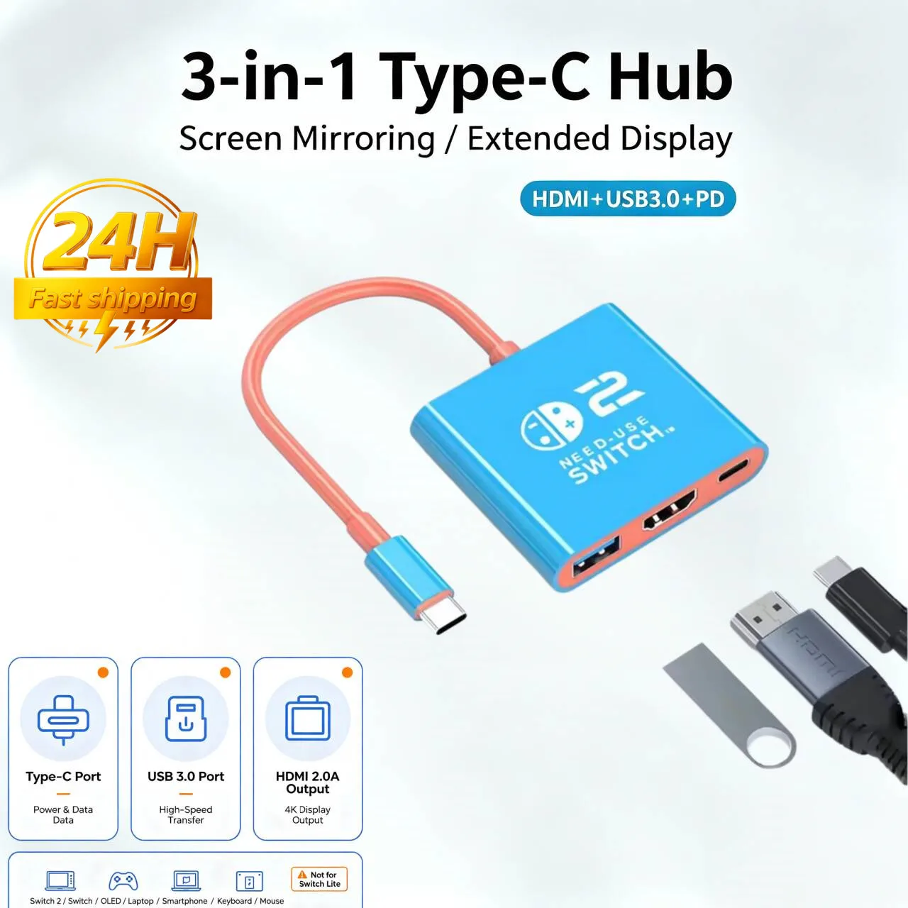 3 In 1 USB C HUB Type C to HDMI 4K with PD 100W Fast Charging USB 3.0 Docking Station for Switch MacBook Laptop Computer Phone