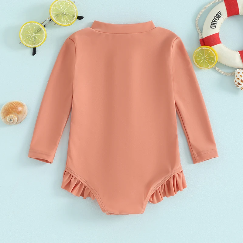 Infant Girls  Swimsuit with Long Sleeve Rash Guard and Ruffles Zipper Closure Solid Color Bathing Suit Beachwear