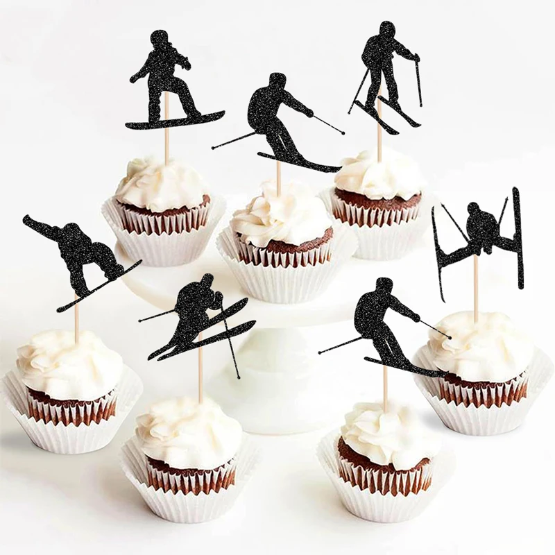 YOMDID 24 Stück Cupcake-Topper mit Ski-Thema, Silhouette, Skifahrer, Snowboarden, Cupcake-Topper, Picks für Winter-Kuchen-Dekorationen, Zubehör – Detail 11
