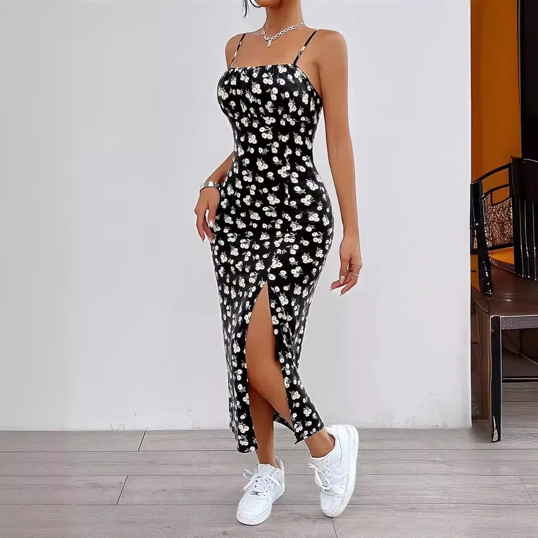 فستان مموه بطبعة زهور أوروبية وأمريكية أنيقة وفخذين