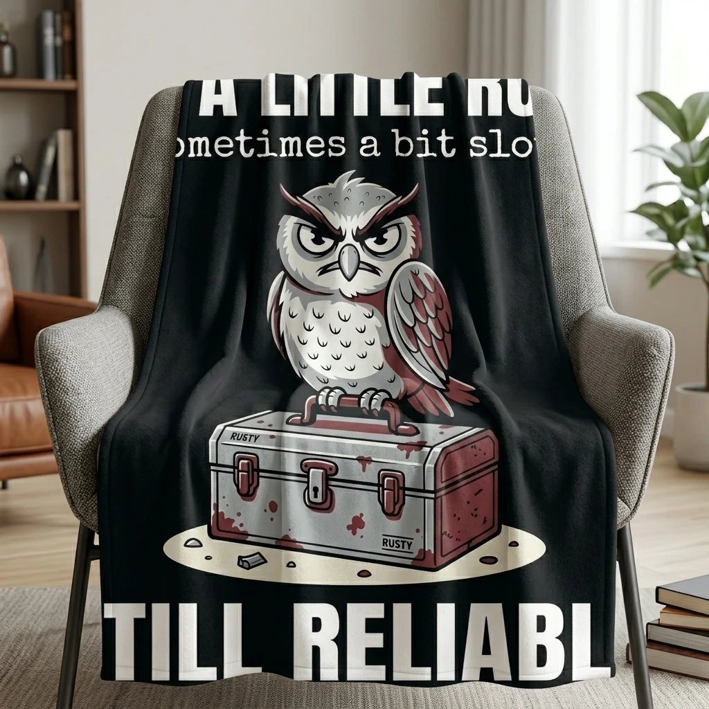 Dad A Little Rusty Still Reliable Owl Toolbox Flannel Throw Blanket, Funny Mechanic Dad Wise Owl Graphic Soft Cozy Decor Gift