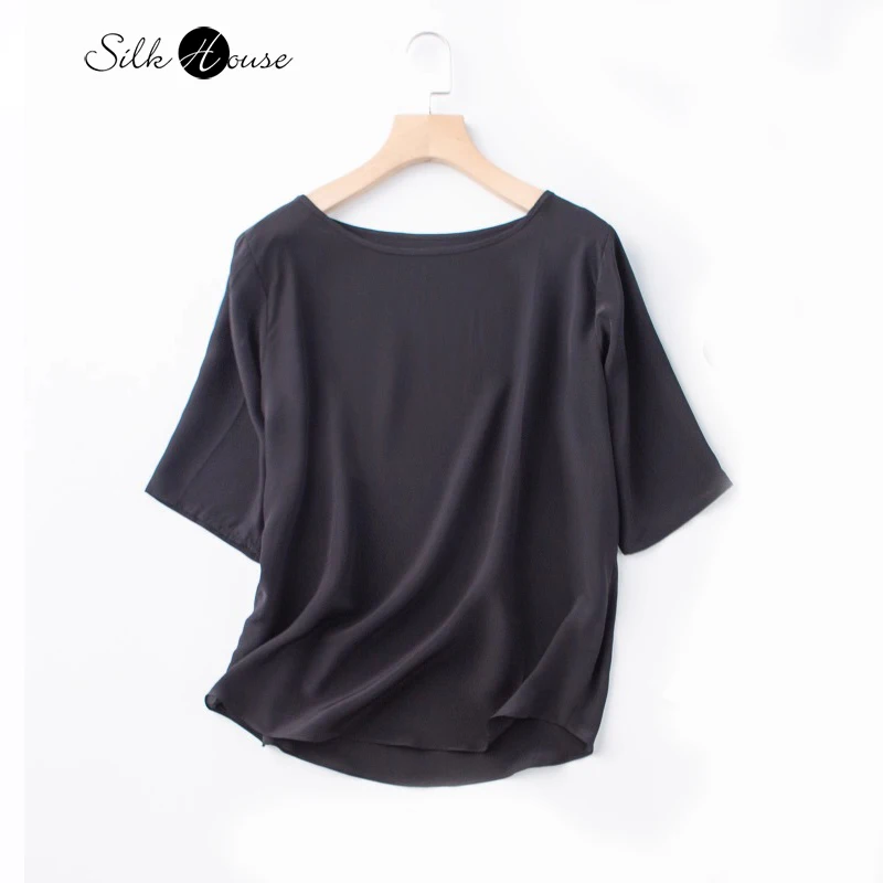 

2025 Women's Fashion Summer New 100% Natural Mulberry Silk Crepe De Chine Black Round Neck Mid Sleeve Versatile T-shirt