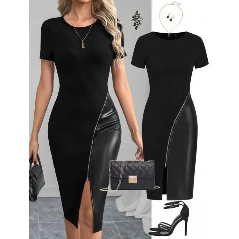 

a 94303 New Women's Bla ort Sve PU Leather Patchwork Winter Casual Sport Suit Seven Sve Length Autumn Season