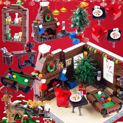 MOC City Street View Scene Building Blocks Christmas Furniture Wine Cabinet Sled Reindeer Fireplace Tree House Bricks Toys Gifts