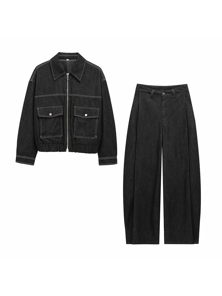 

New autumn women's clothing European and American style French fashion versatile denim effect jacket coat jeans suit