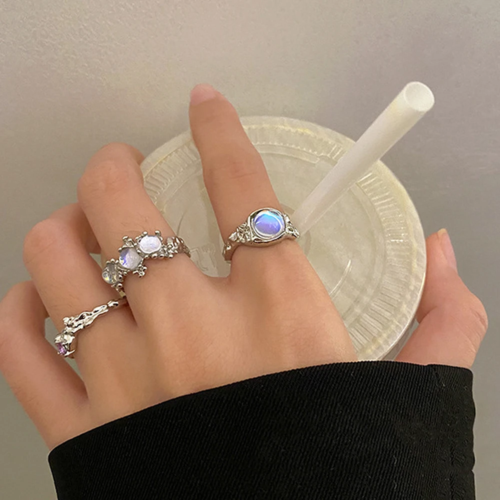 3PCS Y2K Geometry Opal Moonstone Rings Set for Teens Kpop Melt Metal Irregular Personality Cool Women Finger Open Ring Jewelry