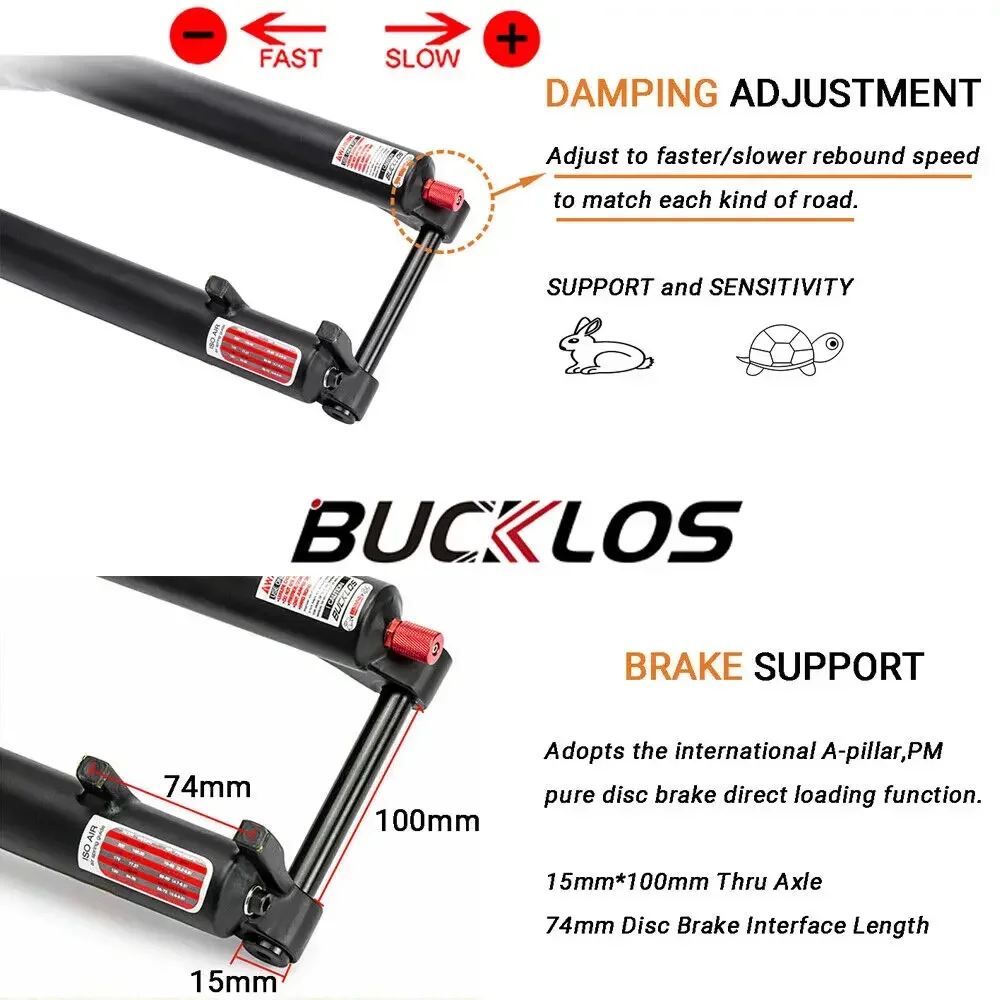 BUCKKub-Fourche de vélo à suspension pneumatique VTT, pièces de vélo, frein à disque, appellation traversant, rebond de voyage, 26/27 