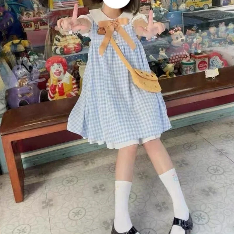 Japan Sweet Lolita Kawaii Mini Dresses Sissy Cross-dressing Fake Two Piece Puff Sleeve Doll Collar Bow Dress ABDL  A-line Dress