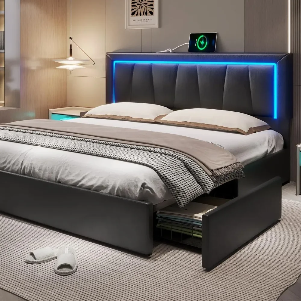 California King Bed Frame with 4 Storage Drawers, Charging Station, Artificial Leather Upholstered Headboard, LED Bed Frame