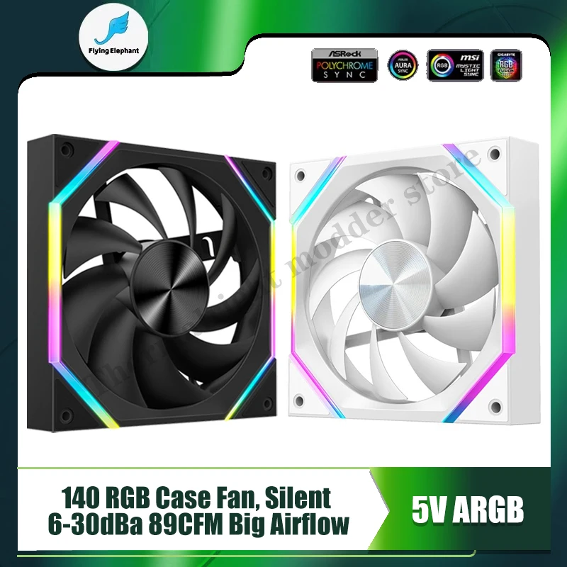 140 RGB Case Fan, Silent 6-30dBa 89CFM Big Airflow, 14025 14CM Computer Cabinet Cooler Support Mobo 5V ARGB SYNC