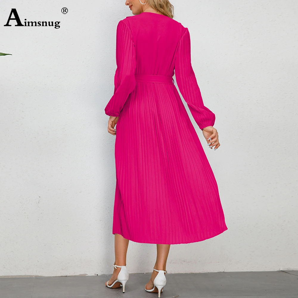 Women Long Sleeves Elegant Mid-Calf Knitted Dress Large Big Womens High Waist Sashes Party Dresses Female A-line Tierred Dress