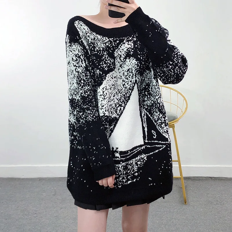 

2025 Black Loose Fit Pullover for Women - Thick Retro Knit Sweater Spring Autumn Top Jumper Female