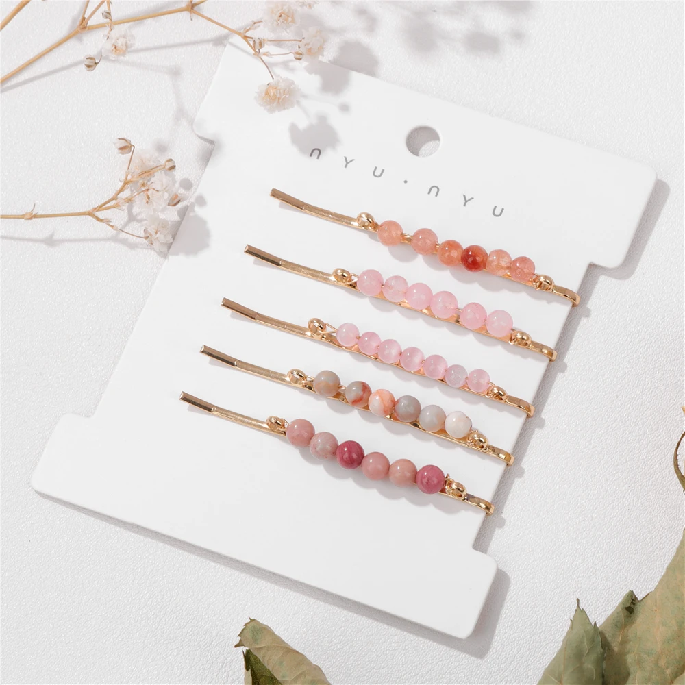 5Pcs/set 4mm Natural Stone Beads Hairpins For Women Amethysts Pink Quartzs Agates Crystal Hair Clips Barrettes Hair Accessories