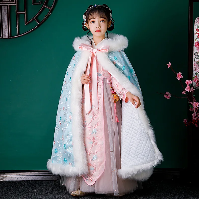 New Year's Wear Hanfu Quilted Hooded Girl's Warm Cape Winter New Embroidery Thicken Cloak Chinese Children Ancient Mantle Kids