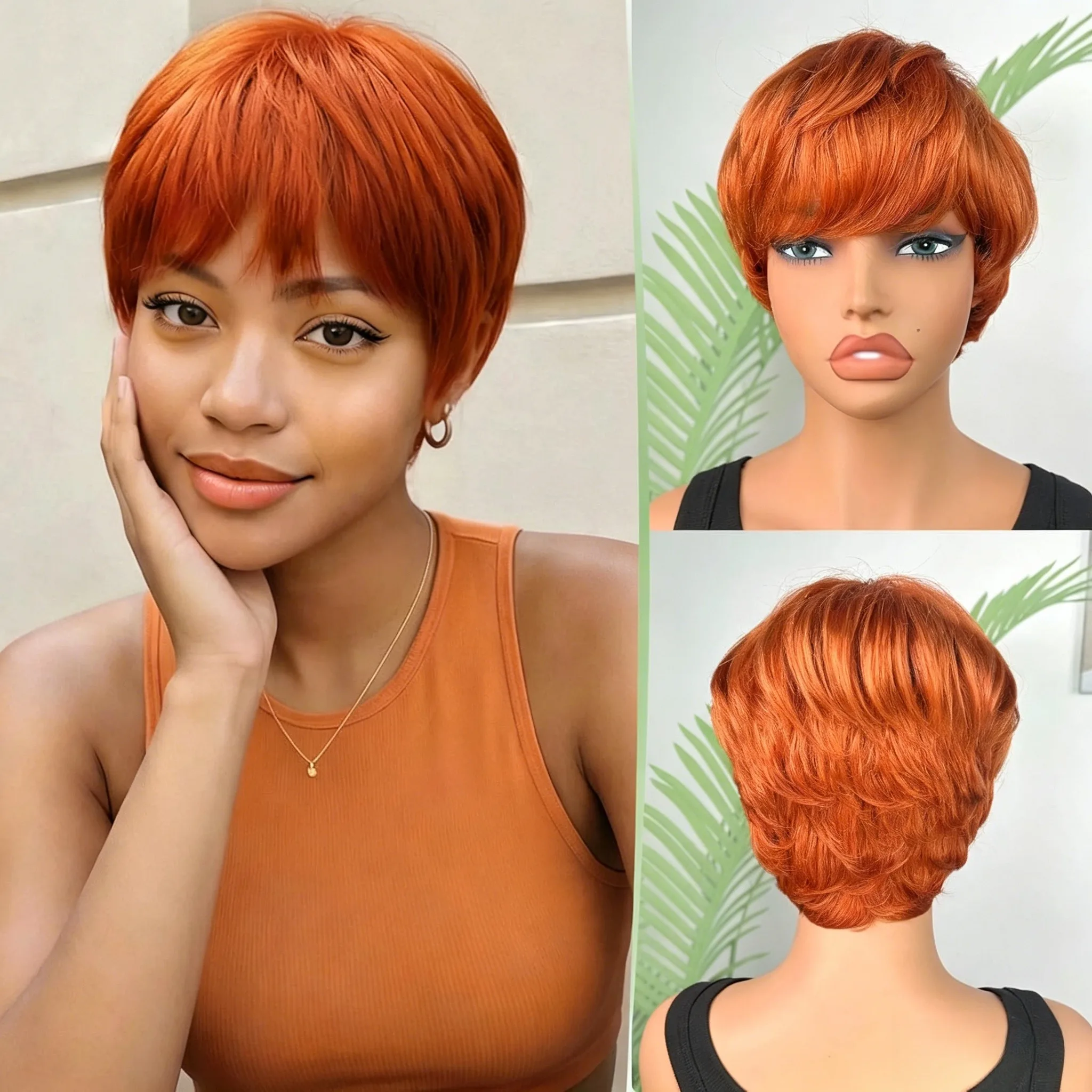 #350 Orange Straight Short Pixie Cut Human Hair Wig with Bangs, 6 Inch Layered Pixie Wig Real Human Hair Chic Stylish Wig Daily