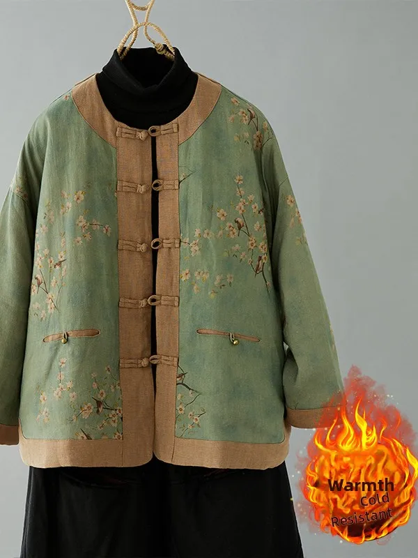 

Ретро-куртка из хлопка и льна с этническим принтом, в стиле пэчворк, с цветовыми блоками, в национальном стиле, женское утепленное пальто с длинными рукавами и круглым вырезом