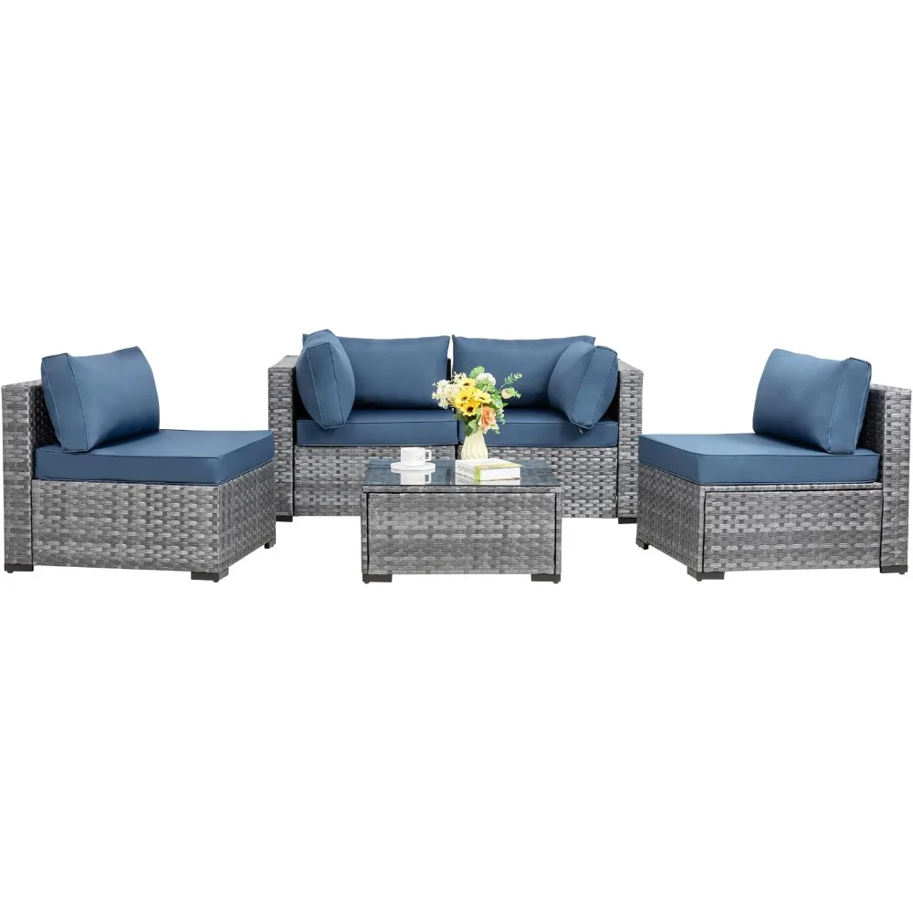 

Outdoor Sofa Set of 5 with Washable Cushions & Glass Coffee Table, 5 Pieces Outdoor Patio Sectional Sofa Couch