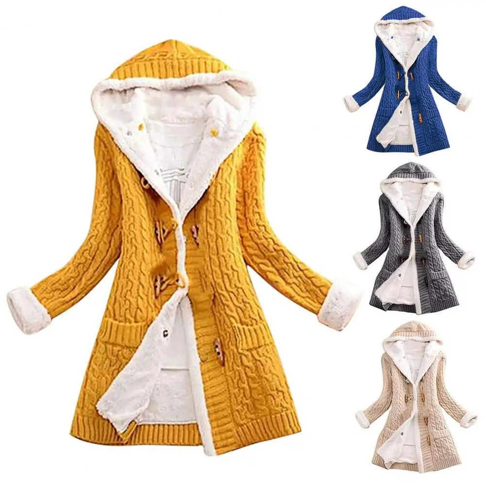 Women Knitted Coat Solid Color Woolen Yarn Sweater Coat Loose Fit Mid-Length Winter Jacket For Outdoor Women\'s Clothing