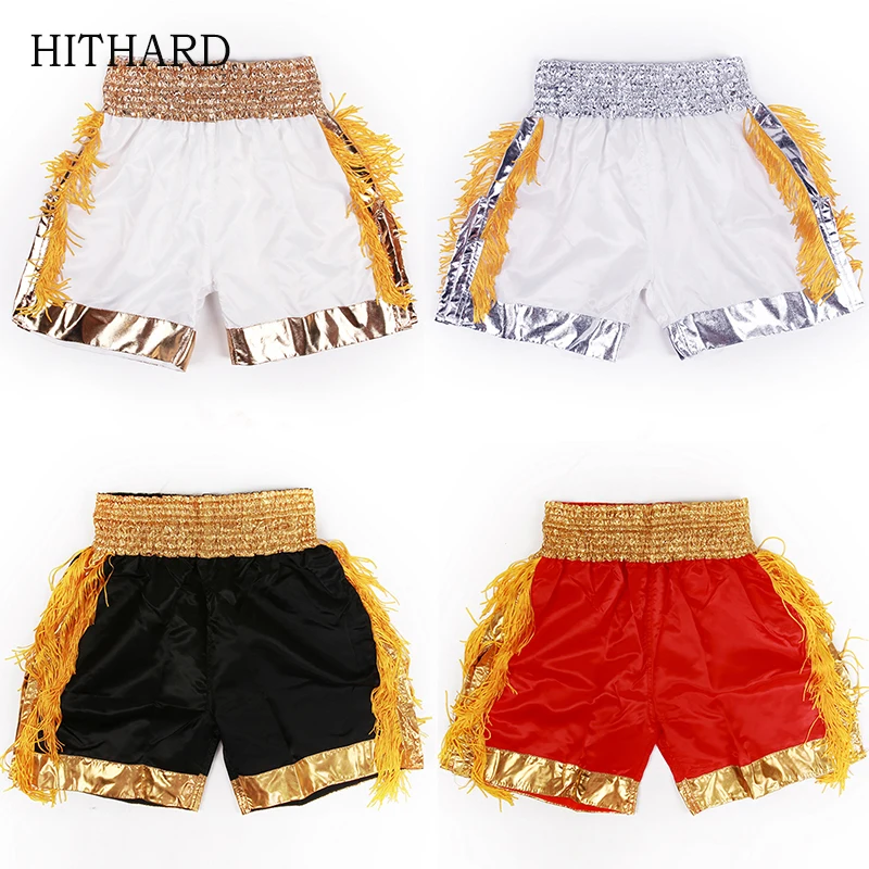 

Muay Thai Shorts Plain Kick Boxing Shorts Women Men Children Satin Martial Arts MMA Fight Kickboxing Training Pants Gold Tassels